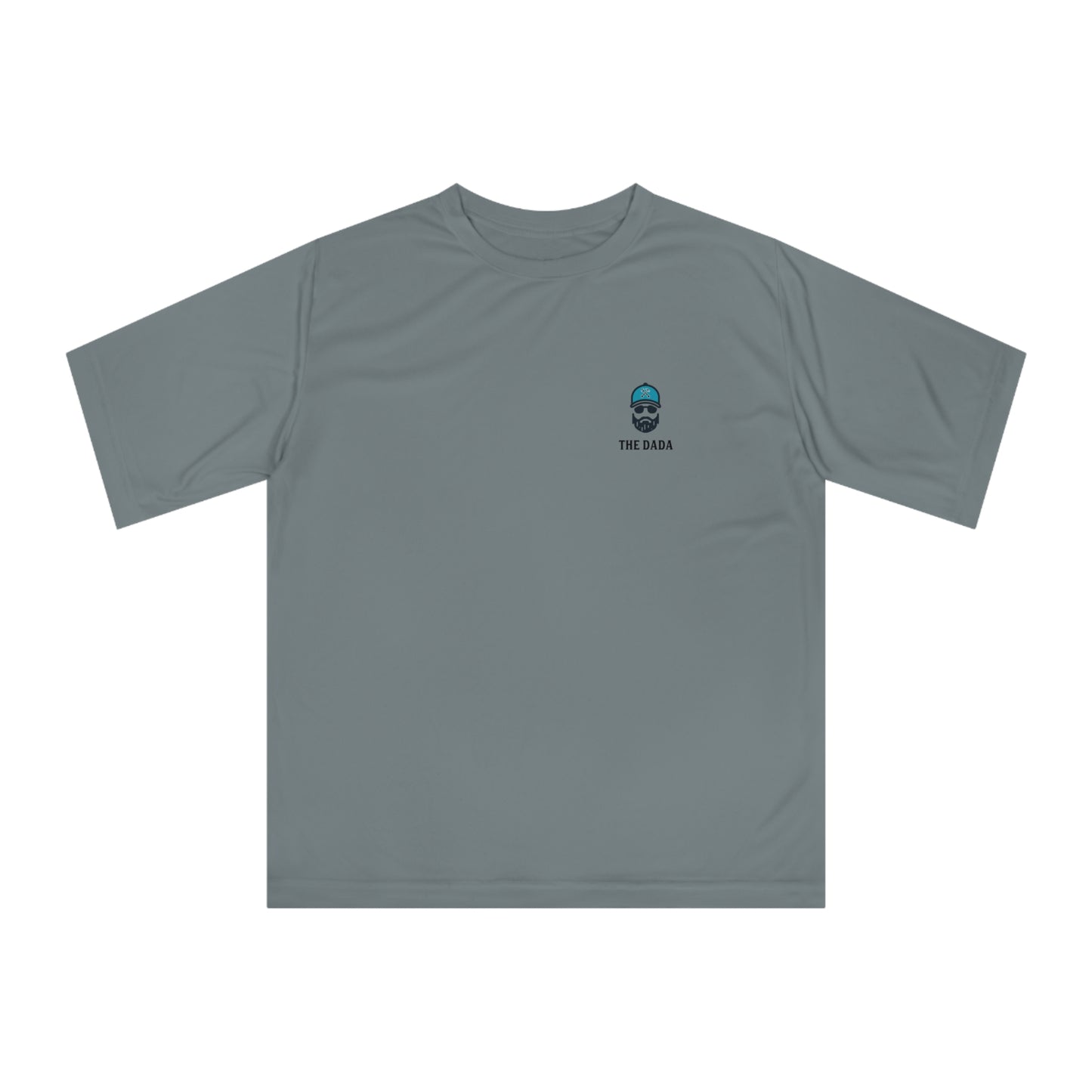 Gray t-shirt with a small logo on the chest against a white background