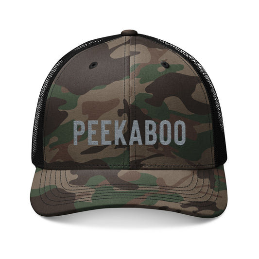 Camouflage cap with 'PEEKABOO' text on a white background
