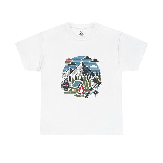White t-shirt with outdoor-themed graphic on a white background