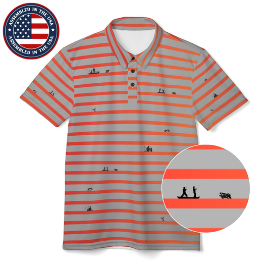 Striped polo shirt with orange and gray stripes, featuring small silhouettes, on a white background with 'Assembled in the USA' label.